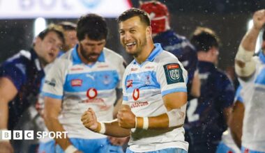 Bulls' Handre Pollard celebrates at full time during a United Rugby Championship match between Edinburgh and Vodacom Bulls at the Hive Stadium
