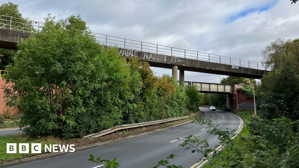 A railway bridge over a dual carriageway road. There are trees and grass on the verges.