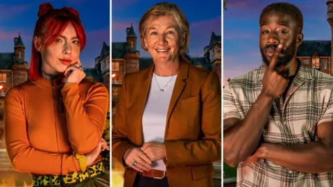 BBC Traitors contestants Jessie, Amanda and Ross pictured in front of Ardross Castle in Inverness