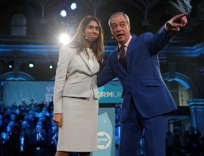 Former UK interior minister Suella Braverman and Nigel Farage, leader of Reform UK, at a press conference in London on January 26, 2026.