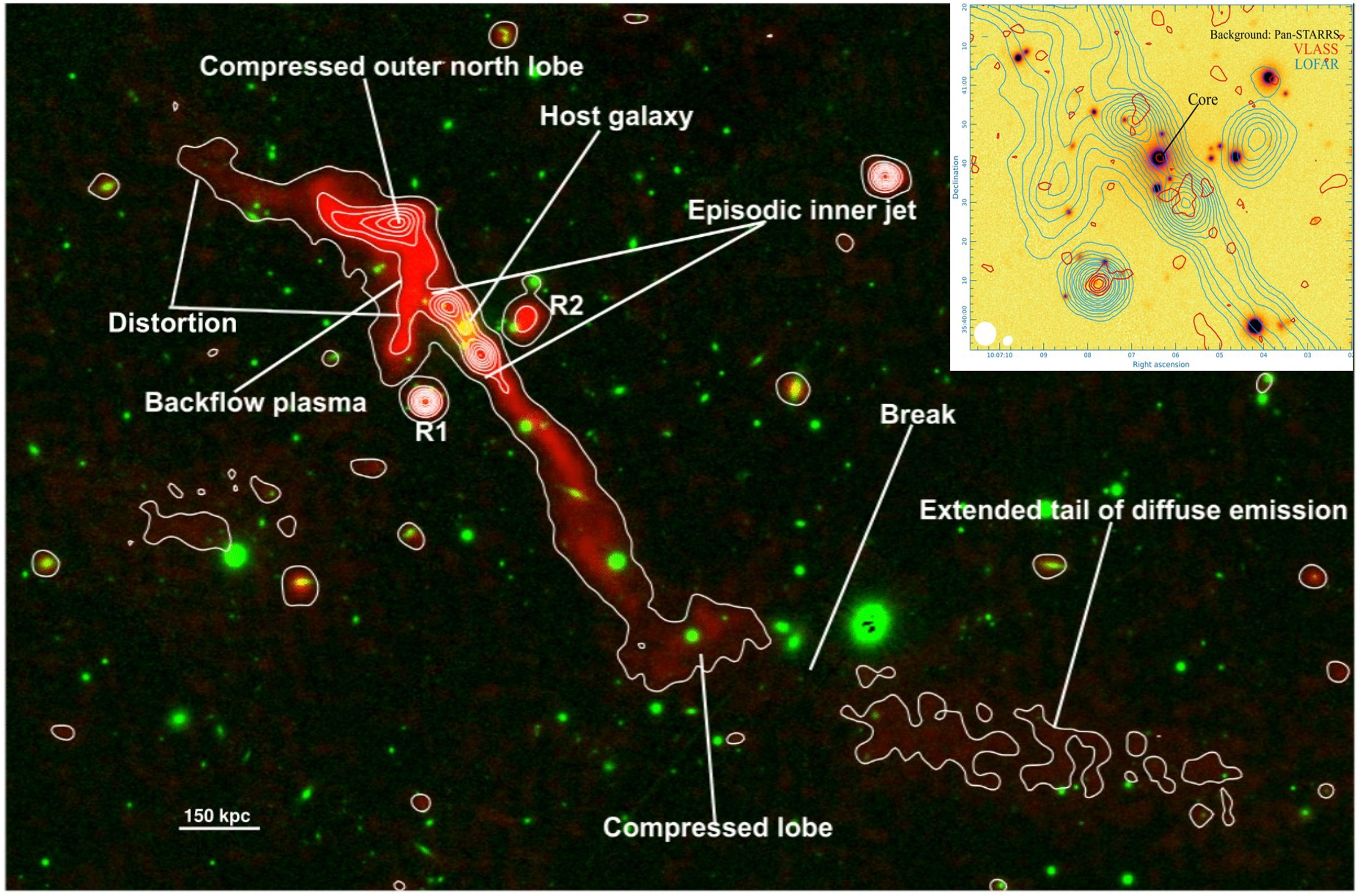 A labeled image showing the black hole at the center of two lobes of radio energy