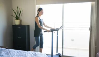woman in a bedroom walking on a treadmill with french doors onto a balcony and a chest of drawers behind her