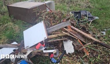 Fly-tipped wasted which has been dumped at the side of a road. There a number of plastic cans, aerosol cans, snapped wooden planks, garden items and a large wooden sideboard.