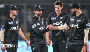 New Zealand players celebrate after winning the third one-day international against India to clinch the series