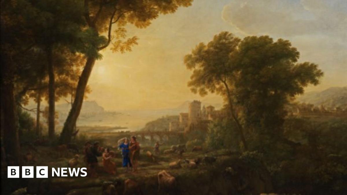 A painting shows Arcadian shepherds making music and tending their flocks in the foreground. Behind them are buildings and a castle with a bridge over a river and a bay beyond.