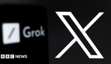 The white logo for social media platform X against a black background and in front of the Grok logo.