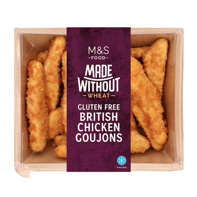 A pack of M&S Made Without Gluten-free British Chicken Goujons on a white background