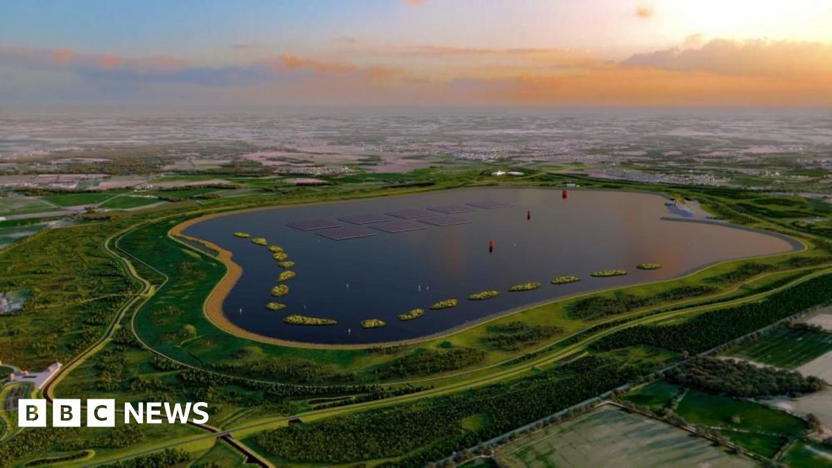 An artist's aerial view of how the new reservoir would look as the sun sets on the horizon.
