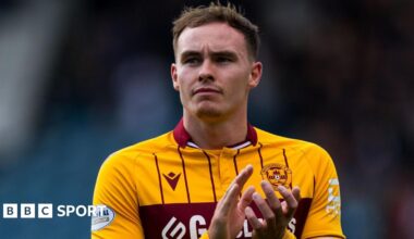 Kofi Balmer, pictured in a Motherwell kit, clapping fans
