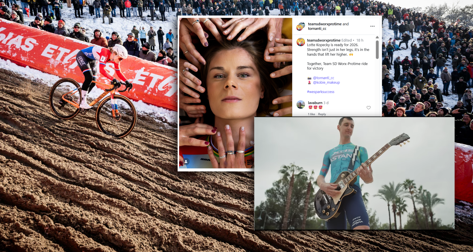 Collage of screenshots over a photo of a rider going downhill