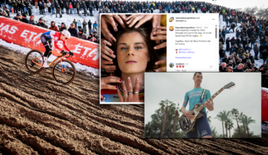 Collage of screenshots over a photo of a rider going downhill