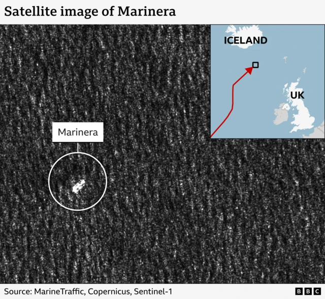 A satellite image of the Marinera and an attached map showing it's location between the UK and Iceland and the UK