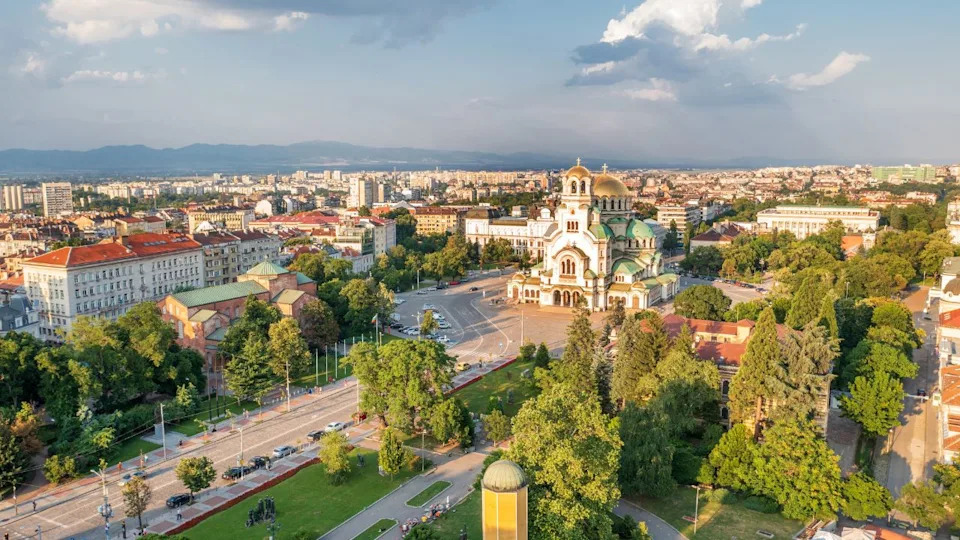 Aerial panorama of the city center and Church Alexander Nevsky, Sofia Bulgaria