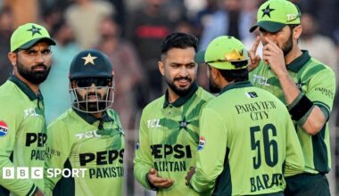 Pakistan's players celebrate taking a wicket against South Africa during a one-day international in November 2025