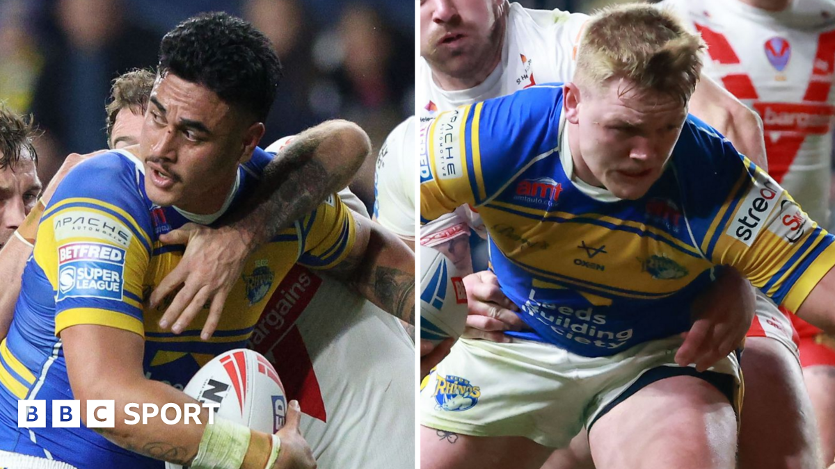 Side-by-side close-ups of Keenan Palasia and James McDonnell playing for Leeds Rhinos