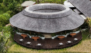 bamboo roof collects rainwater at pablo luna studio's restaurant in bali