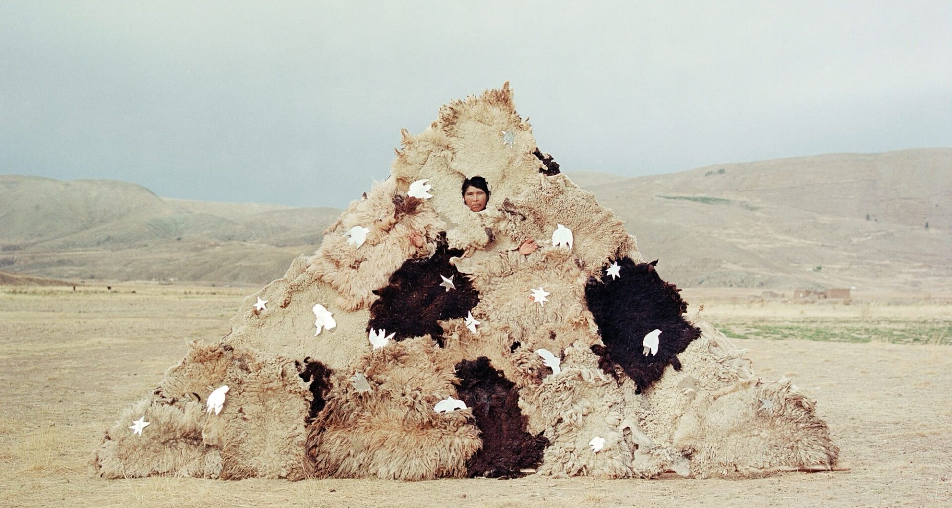 A photograph by River Claure of a figure inside of a mount of sheepskins, dotted with white birds, in the desert