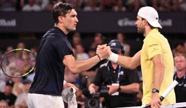 Raphael Collignon and Grigor Dimitrov at the net following their first Lexus ATP Head2Head meeting.