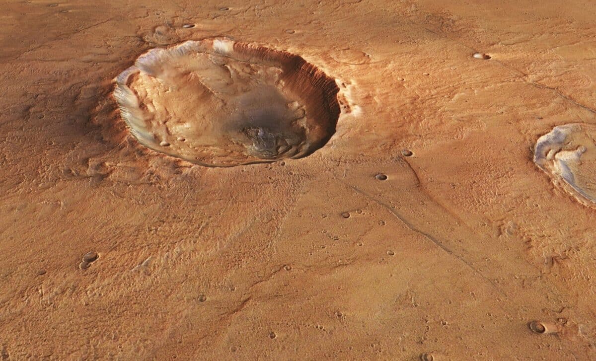 Computer Generated Images Of A Butterfly Crater On Mars, Which Were Created Using Data Collected By The Mars Express Orbiter