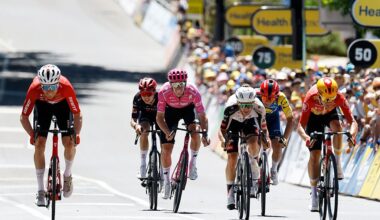 NORWOOD, AUSTRALIA - JANUARY 22: (L-R) Mauro Schmid of Switzerland and Team Jayco AlUla, Harry Sweeny of Australia and Team EF Education - EasyPost, Adam Yates of Great Britain and UAE Team Emirates, Andreas Kron of Denmark and Team Uno-X Mobility and Matteo Sobrero of Italy and Team Lidl - Trek sprint at finish line during the 26th Santos Tour Down Under 2026, Stage 2 a 148.1km stage from Norwood to Uraidla 495m / #UCIWT / on January 22, 2026 in Norwood, Australia. (Photo by Con Chronis/Getty Images)