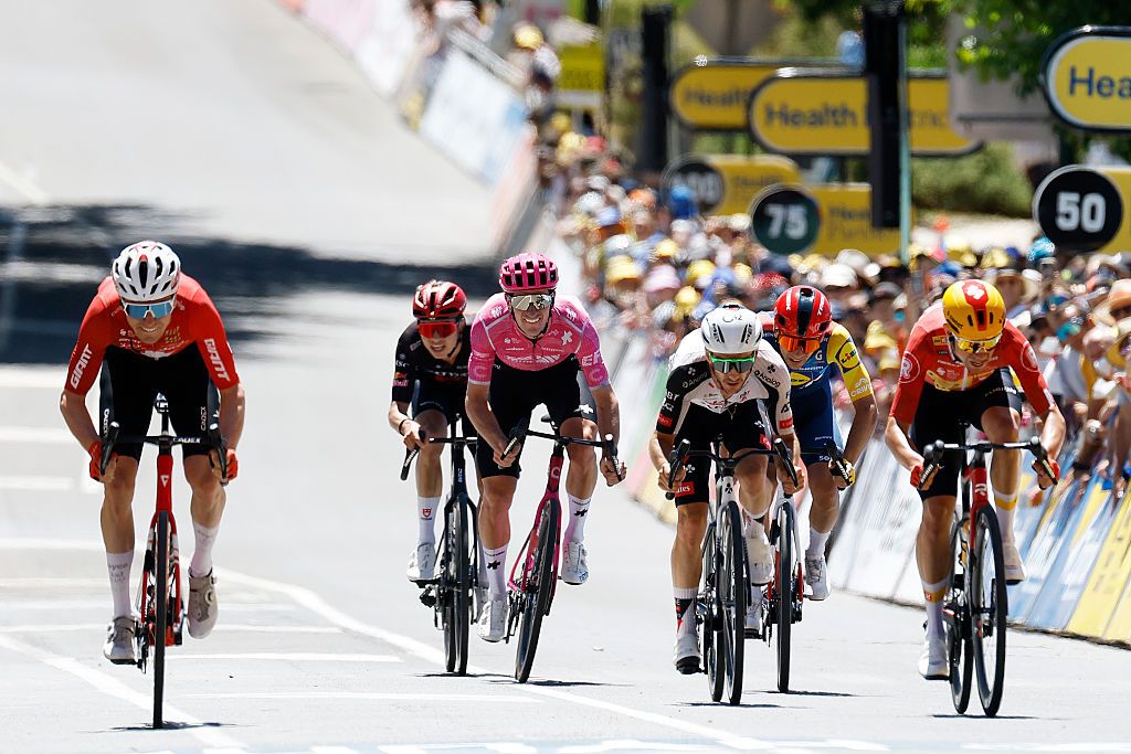 NORWOOD, AUSTRALIA - JANUARY 22: (L-R) Mauro Schmid of Switzerland and Team Jayco AlUla, Harry Sweeny of Australia and Team EF Education - EasyPost, Adam Yates of Great Britain and UAE Team Emirates, Andreas Kron of Denmark and Team Uno-X Mobility and Matteo Sobrero of Italy and Team Lidl - Trek sprint at finish line during the 26th Santos Tour Down Under 2026, Stage 2 a 148.1km stage from Norwood to Uraidla 495m / #UCIWT / on January 22, 2026 in Norwood, Australia. (Photo by Con Chronis/Getty Images)