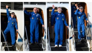 NASA’s SpaceX Crew-11 crew returns to Ellington Field’s Guppy Hangar in Houston on Jan. 16, 2026, from left to right is Roscosmos cosmonaut Oleg Platonov, NASA astronauts Mike Fincke, and Zena Cardman, and JAXA (Japan Aerospace Exploration Agency) astronaut Kimya Yui.