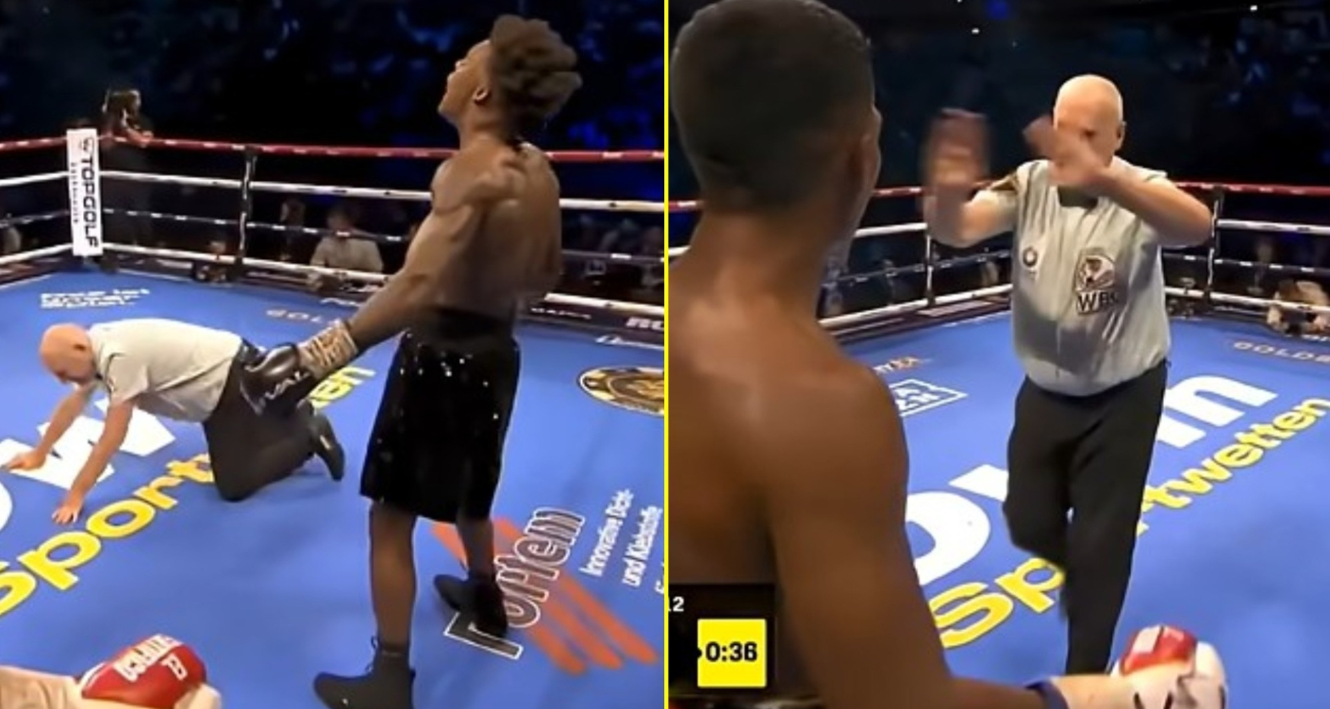 'Circus' - Boxing referee sent tumbling to the canvas before stopping fight as fans left stunned