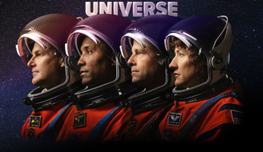 A dark podcast logo features the four crew members of NASA's Artemis II mission looking to the left of the frame. Above them, the podcast title "NASA's Curious Universe" is in white. A white NASA insignia is in the upper right corner. At the bottom of the image, the text reads "Artemis II"