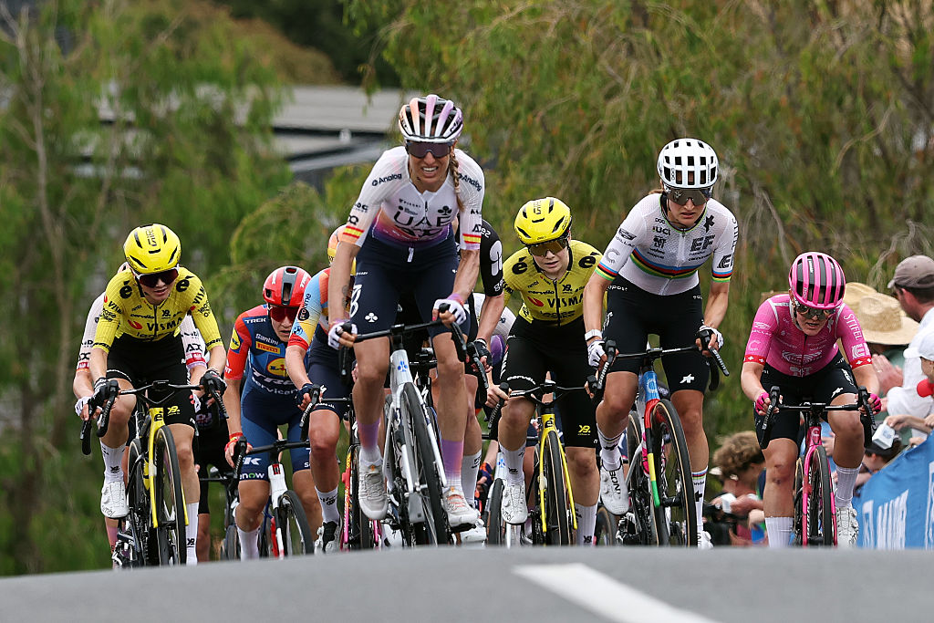 GEELONG, AUSTRALIA - JANUARY 31: A general view of Margarita Victoria Garcia Canellas of Spain and UAE Team ADQ and Magdeleine Vallieres of Canada and Team EF Education - Oatly compete during the 10th Mapei Cadel Evans Great Ocean Road Race 2026, Women&amp;apos;s Elite a 141.2km one day race from Geelong to Geelong / #UCIWWT / on January 31, 2026 in Geelong, Australia. (Photo by Con Chronis/Getty Images)
