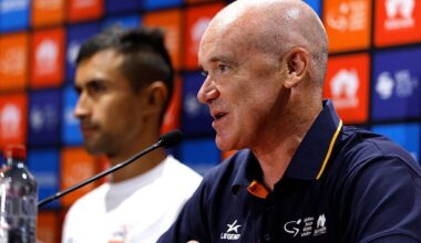 ADELAIDE, AUSTRALIA - JANUARY 20: Race Director for the Santos Tour Down Under - Stuart O&amp;apos;Grady of Australia during the Press Conference prior to the 26th Santos Tour Down Under 2026 - Prologue a 3.6km individual time trial stage from Adelaide to Adelaide / #UCIWT / on January 20, 2026 in Adelaide, Australia. (Photo by Con Chronis/Getty Images)