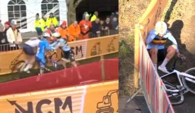 Cyclocross rider “aggressively” pushes rival at world championships, gets disqualified, rides on… then crashes hard, as Lucinda Brand powers to second rainbow jersey in thriller