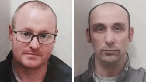 Avon and Somerset Police On left of split picture, Matthew Armstrong is looking at the camera, wearing glasses. He is balding, and has a faint, stubbly beard. He is wearing a coat. On the right, Daniel Washbourne is looking at the camera with a stubbly moustache.