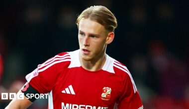 Finley Munroe, slightly leaning towards his left, has the ball at his feet for Swindon