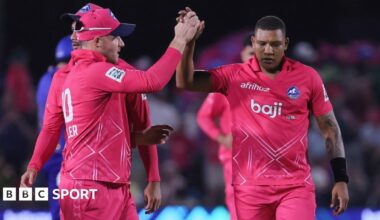 Ottneil Baartman celebrates a wicket