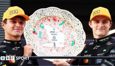 Lando Norris and Oscar Piastri holding the Hungarian Grand Prix constructors' trophy