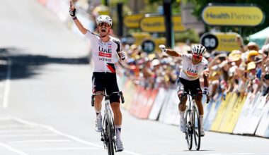 NORWOOD, AUSTRALIA - JANUARY 22: (L-R) Jay Vine of Australia and UAE Team Emirates celebrates at finish line as stage winner ahead of Jhonatan Narvaez of Ecuador during the 26th Santos Tour Down Under 2026, Stage 2 a 148.1km stage from Norwood to Uraidla 495m / #UCIWT / on January 22, 2026 in Norwood, Australia. (Photo by Con Chronis/Getty Images)