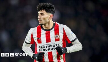 Ricardo Pepi PSV striker looking across the pitch with clenched fists