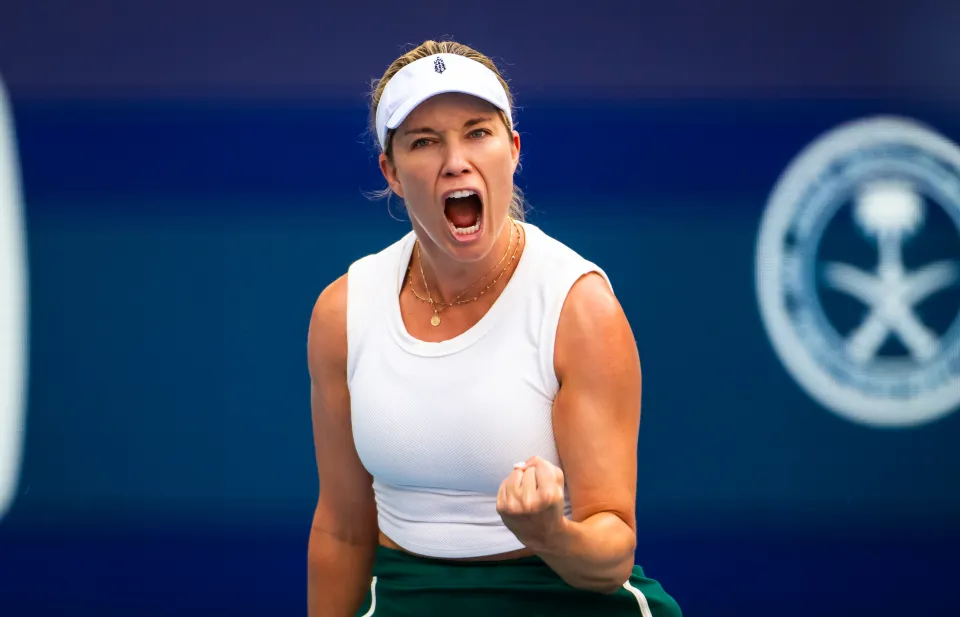 Danielle Collins of the United States in action against Elena Rybakina of Kazakhstan in the Womens Singles Final on Day 15 of the Miami Open Presented by Itau at Hard Rock Stadium on March 30, 2024 in Miami Gardens, Florida 