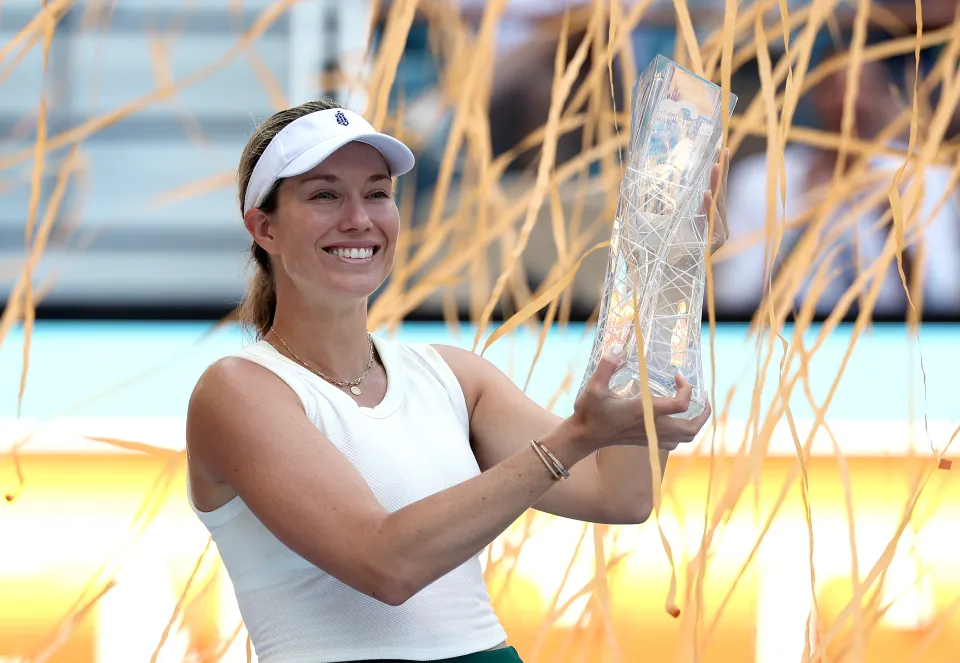 Danielle Collins poses with the trophy after she defeated Elena Rybakina of Kazakhstan during the Women's Final at Hard Rock Stadium on March 30, 2024 in Miami Gardens, Florida. Collins defeated Rybakina 7-5, 6-3. (Photo by Elsa/G