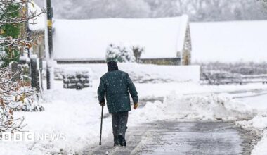 A person walks in a snowy landscape with a walking stick.