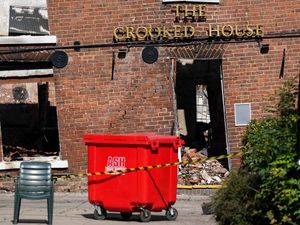 The burned-out remains of The Crooked House pub