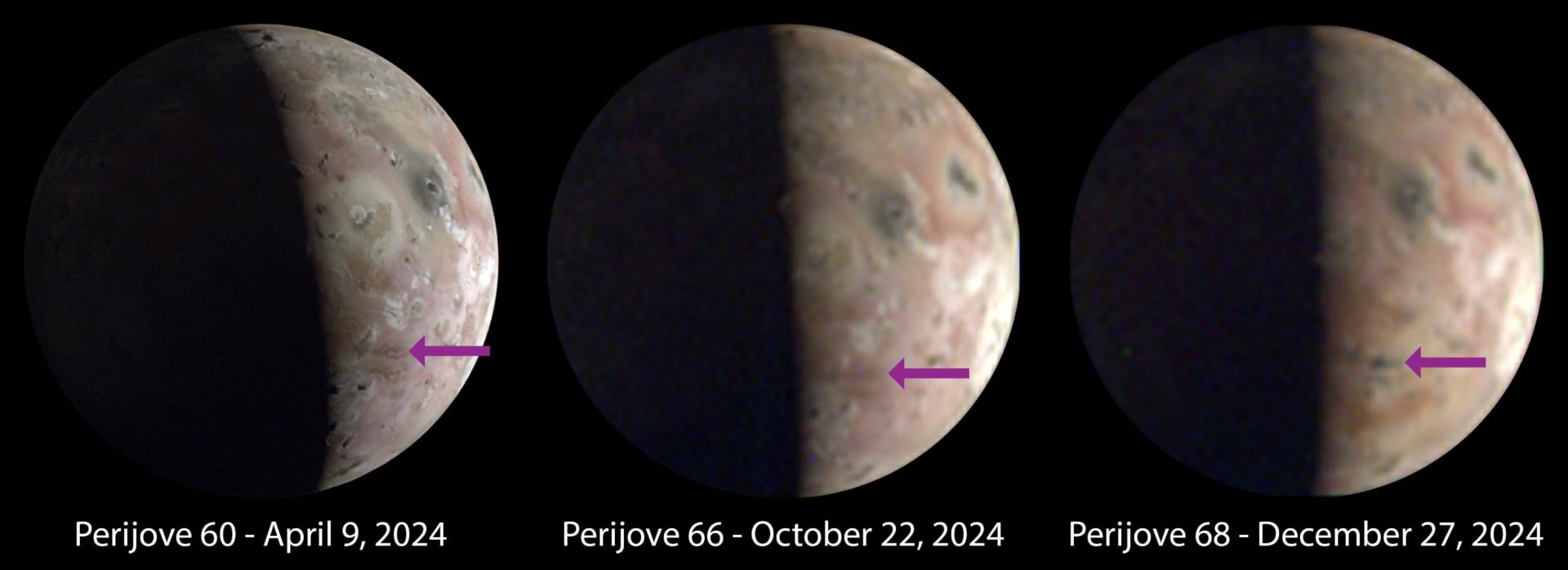 Images of Io captured in 2024 by the JunoCam imager aboard NASA’s Juno show signif-icant and visible surface changes (indicated by the arrows) near the Jovian moon’s south pole.