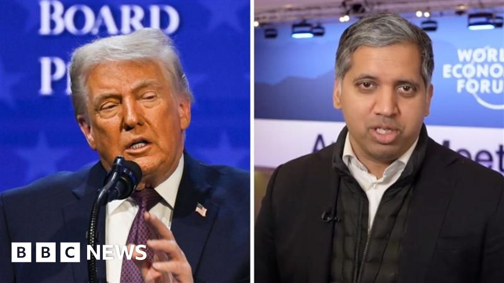 Split screen image showing President Donald Trump speaking into a microphone with a blue background and on the right, the BBC's Faisal Islam.