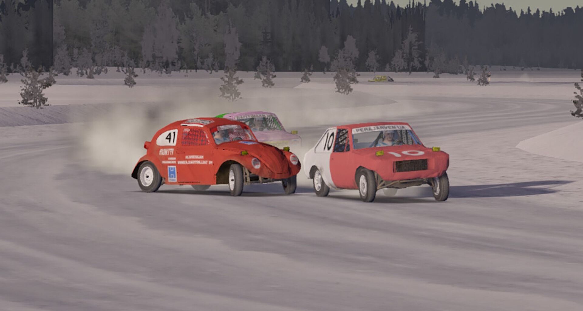 My Winter Car screenshot of two red cars racing in snow