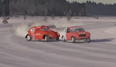 My Winter Car screenshot of two red cars racing in snow