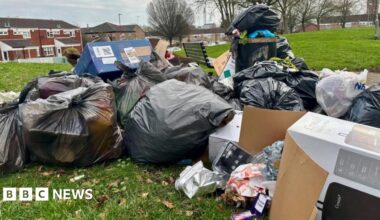 Lots of overflowing and split black rubbish bags and cardboard boxes left on a field