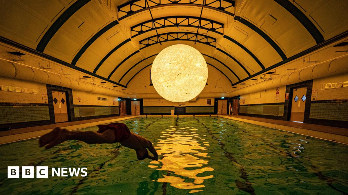 A silhouette of a swimmer diving into an indoor pool. There is a large sculpture modelled off of the sun suspended above the pool. It is reflecting in the water.