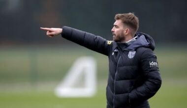 New head coach Ryan Mason, left, watches on with existing staff members James Morrison and Damia Abella. (Photo by Adam Fradgley/West Bromwich Albion FC via Getty Images)