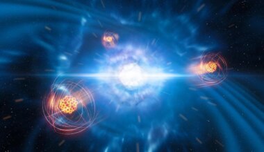 Artist’s impression of strontium emerging from a neutron star merger. Credit: ESO/L. Calçada/M. Kornmesser