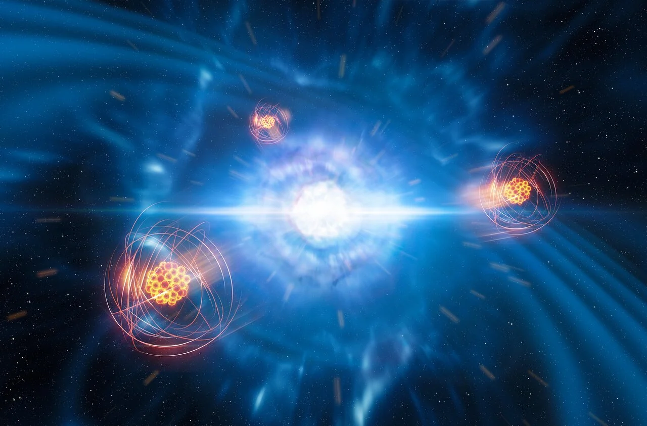 Artist’s impression of strontium emerging from a neutron star merger. Credit: ESO/L. Calçada/M. Kornmesser